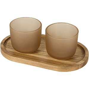 Male wooden serving tray and glass cups set, oatmeal