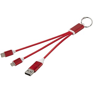 Metal 4-in-1 recycled aluminium charging cable with keychain, red