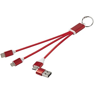 Metal 4-in-1 recycled aluminium charging cable with keychain, red