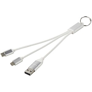 Metal 4-in-1 recycled aluminium charging cable with keychain, silver