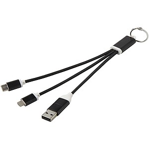 Metal 4-in-1 recycled aluminium charging cable with keychain, solid black