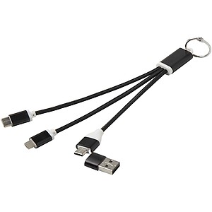 Metal 4-in-1 recycled aluminium charging cable with keychain, solid black