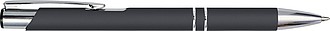 Metal, rubberized ballpen, with two silver-coloured rings and a silver tip and clip, blue ink.
