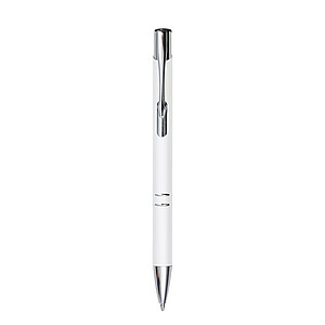 Metal, rubberized ballpen, with two silver-coloured rings and a silver tip and clip, blue ink.