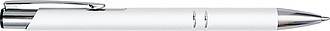 Metal, rubberized ballpen, with two silver-coloured rings and a silver tip and clip, blue ink.