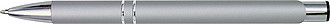 Metal, rubberized ballpen, with two silver-coloured rings and a silver tip and clip, blue ink.