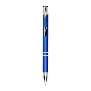 Metal, rubberized ballpen, with two silver-coloured rings and a silver tip and clip, blue ink.