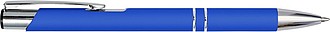 Metal, rubberized ballpen, with two silver-coloured rings and a silver tip and clip, blue ink.