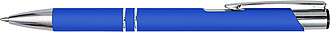 Metal, rubberized ballpen, with two silver-coloured rings and a silver tip and clip, blue ink.