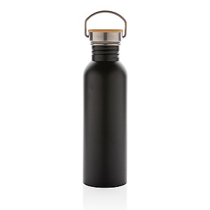 Modern stainless steel bottle with bamboo lid, black