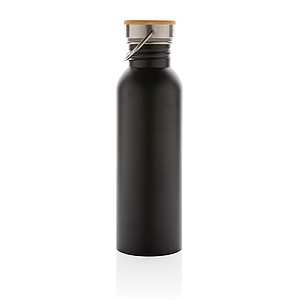 Modern stainless steel bottle with bamboo lid, black