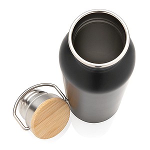 Modern stainless steel bottle with bamboo lid, black
