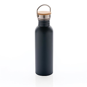 Modern stainless steel bottle with bamboo lid, blue