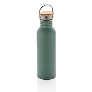 Modern stainless steel bottle with bamboo lid, green
