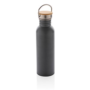 Modern stainless steel bottle with bamboo lid, grey