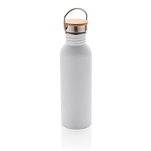 Modern stainless steel bottle with bamboo lid, white