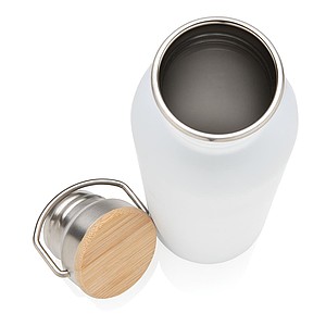 Modern stainless steel bottle with bamboo lid, white