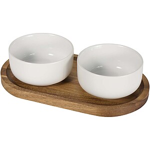Noa wooden tray and ceramic serving bowls set, white