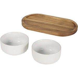 Noa wooden tray and ceramic serving bowls set, white