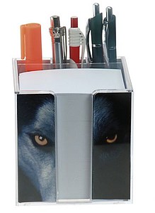 Paper cubes in a plastic box II . with compartment for pens