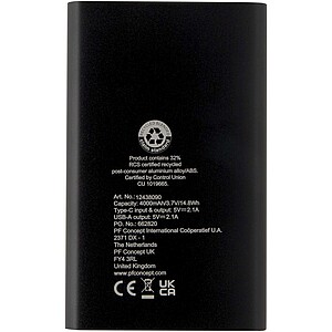 Pep 4000 mAh Type-C recycled aluminium power bank, solid black