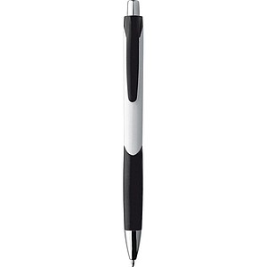 Plastic ball pen with a white shaft and rubber grip zone, black