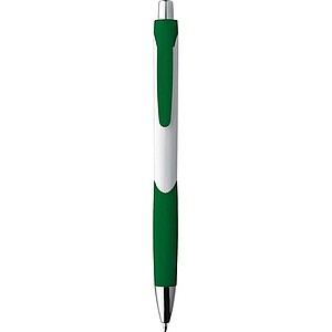 Plastic ball pen with a white shaft and rubber grip zone, green
