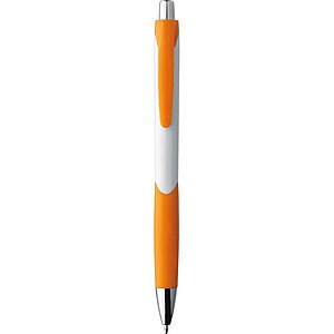 Plastic ball pen with a white shaft and rubber grip zone, orange