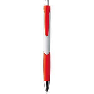 Plastic ball pen with a white shaft and rubber grip zone, red