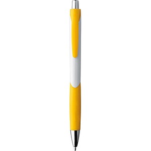 Plastic ball pen with a white shaft and rubber grip zone, yellow