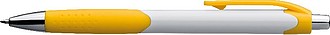 Plastic ball pen with a white shaft and rubber grip zone, yellow