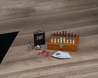 Playset with hip flask, chess and card game