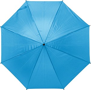 Polyester (170T) automatic umbrella with eight panels. Metal and fibreglass frame and EVA handle.