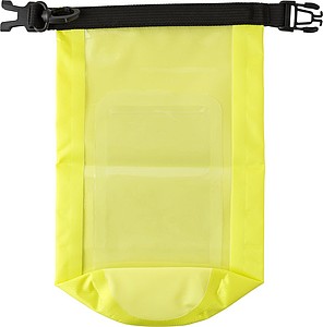 Polyester (210T) watertight bag with PVC phone pouch and plastic closure.