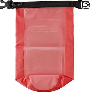 Polyester (210T) watertight bag with PVC phone pouch and plastic closure.