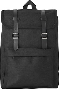 Polyester (300D + 210D) backpack with zippered front pocket.