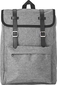 Polyester (300D + 210D) backpack with zippered front pocket.