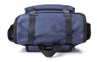 Polyester (300D + 210D) backpack with zippered front pocket.