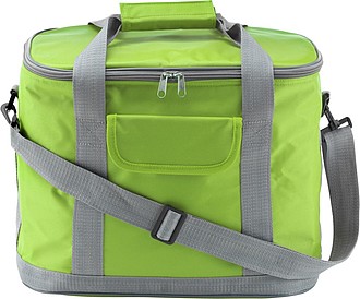 Polyester (420D) cooler bag with aluminium lining, a front pocket, and adjustable carry strap.
