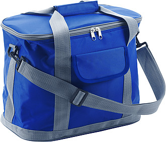Polyester (420D) cooler bag with aluminium lining, a front pocket, and adjustable carry strap.