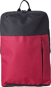 Polyester (600D) backpack with zippered front pocket. Adjustable and padded shoulder straps.