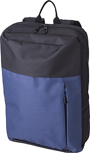 Polyester (600D) backpack with zippered front pocket. Adjustable and padded shoulder straps.