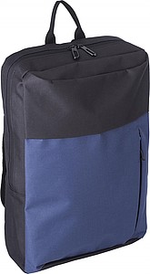 Polyester (600D) backpack with zippered front pocket. Adjustable and padded shoulder straps.