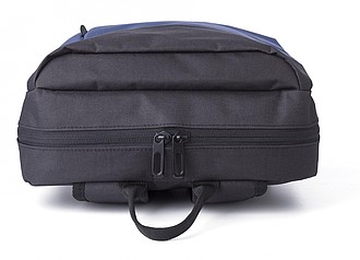 Polyester (600D) backpack with zippered front pocket. Adjustable and padded shoulder straps.