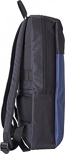 Polyester (600D) backpack with zippered front pocket. Adjustable and padded shoulder straps.