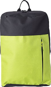 Polyester (600D) backpack with zippered front pocket. Adjustable and padded shoulder straps.