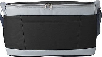 Polyester (600D) cooler bag with PEVA lining on the interior. Open front pocket.