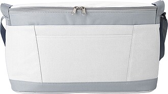 Polyester (600D) cooler bag with PEVA lining on the interior. Open front pocket.