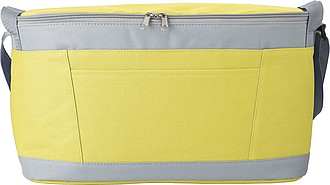 Polyester (600D) cooler bag with PEVA lining on the interior. Open front pocket.