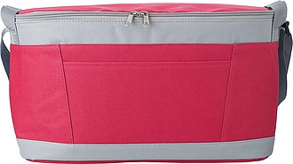 Polyester (600D) cooler bag with PEVA lining on the interior. Open front pocket.